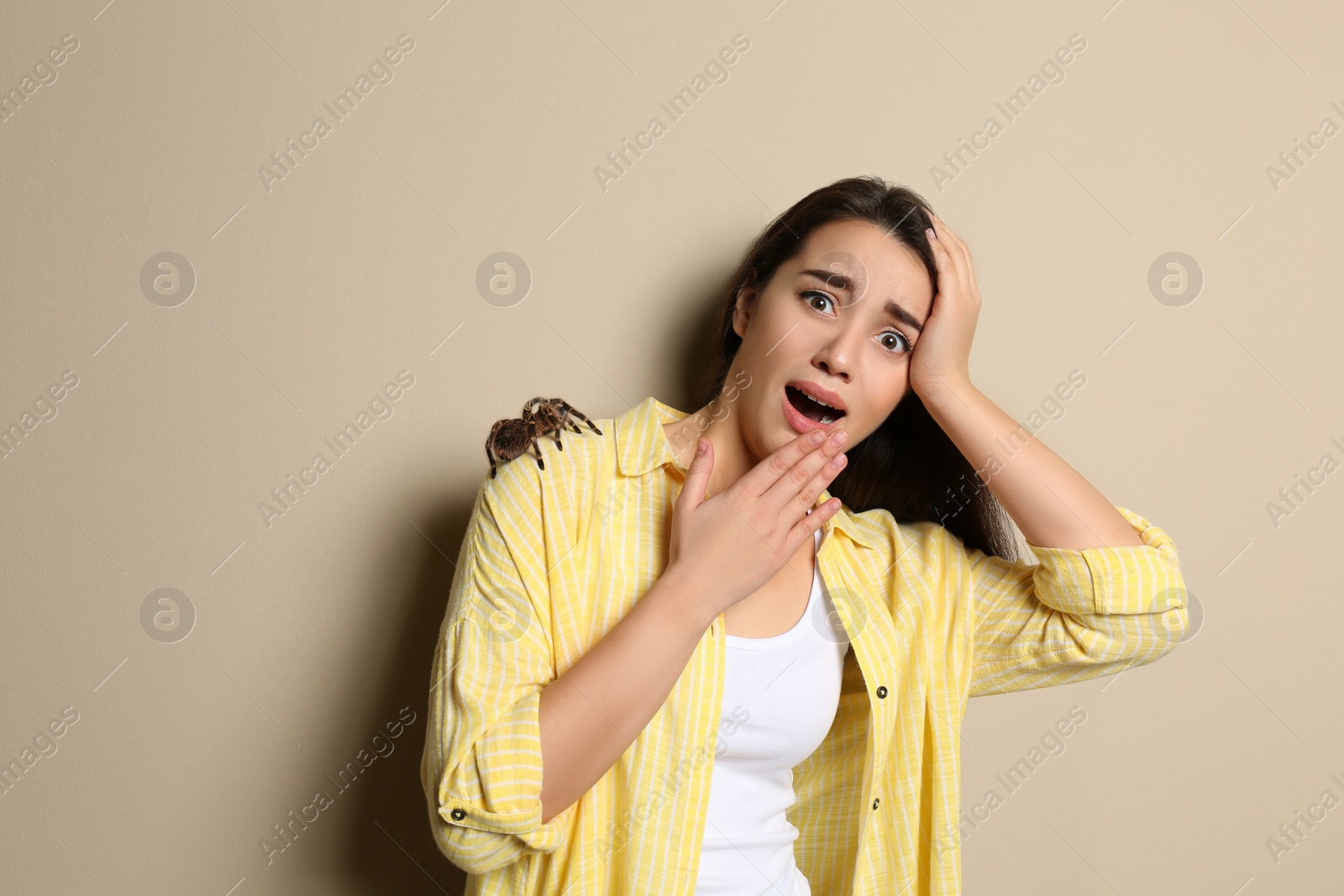 Photo of Scared young woman with tarantula on beige background. Arachnophobia (fear of spiders)