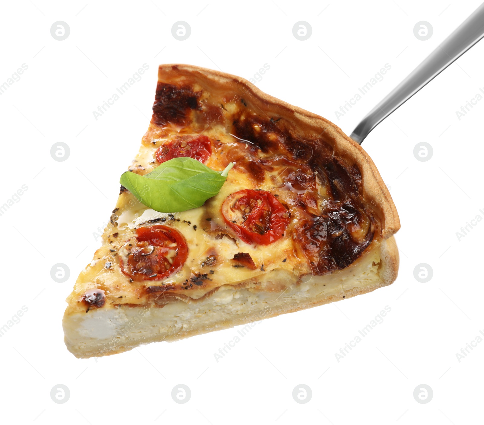 Photo of Server and piece of delicious homemade quiche with prosciutto isolated on white