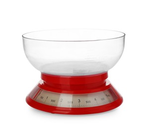 Photo of Kitchen scale with plastic bowl isolated on white