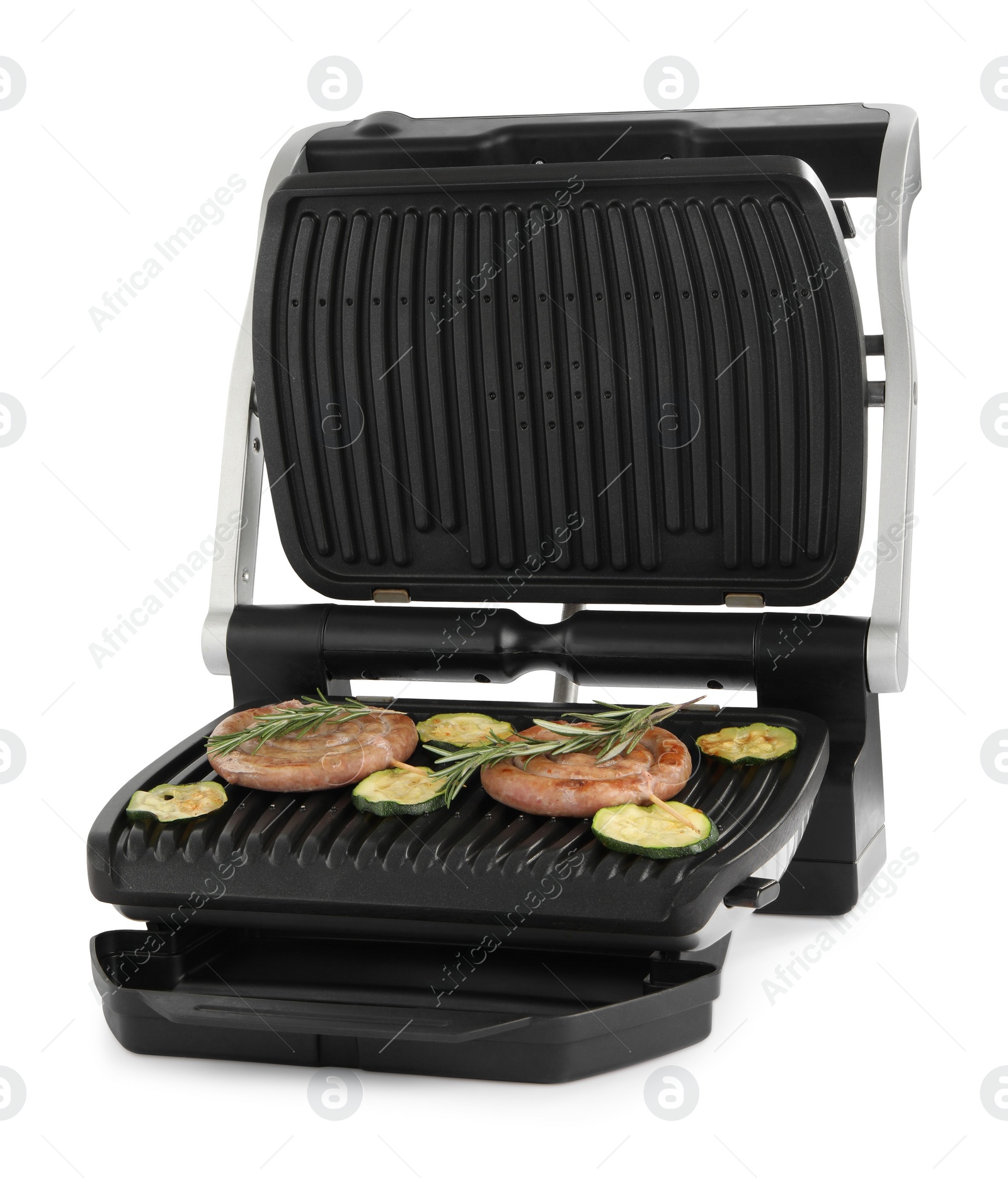 Photo of Electric grill with homemade sausages, zucchini and rosemary isolated on white