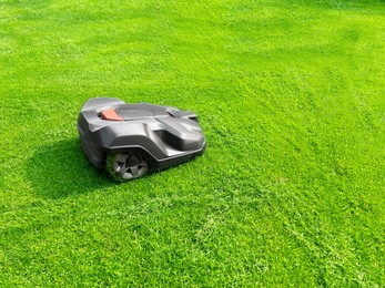 Modern robot lawn mower on green grass in garden