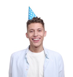 Photo of Happy young man in party hat on white background