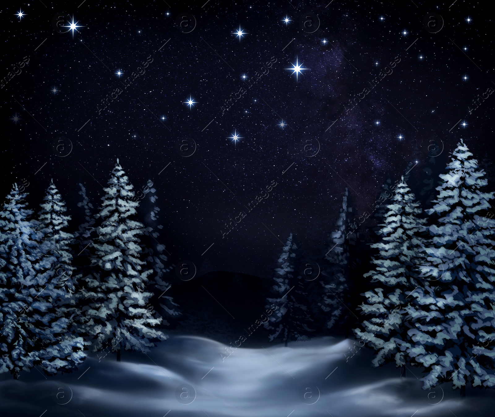 Image of Picturesque way through winter forest between covered with snow trees under starry sky at night