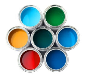 Photo of Open paint cans on white background, top view