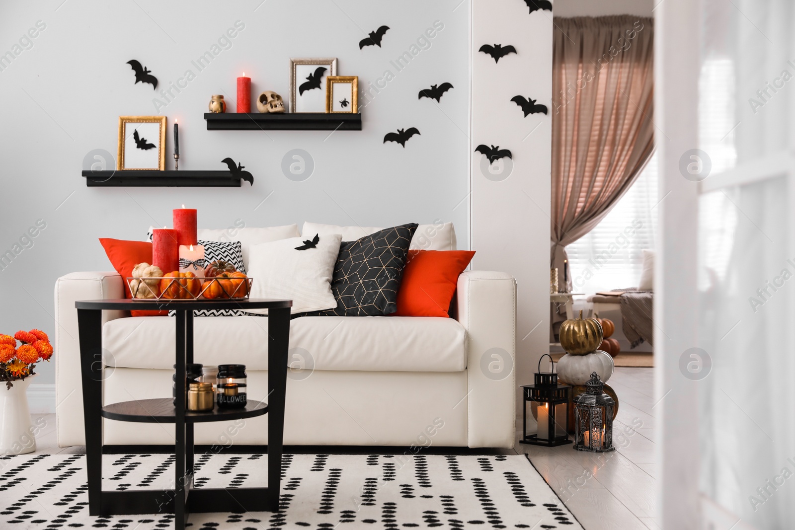 Photo of Modern room decorated for Halloween. Idea for festive interior