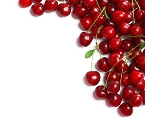 Photo of Delicious ripe sweet cherries on white background, top view. Space for text