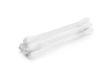 Photo of Plastic cotton swabs on white background. Hygienic accessory