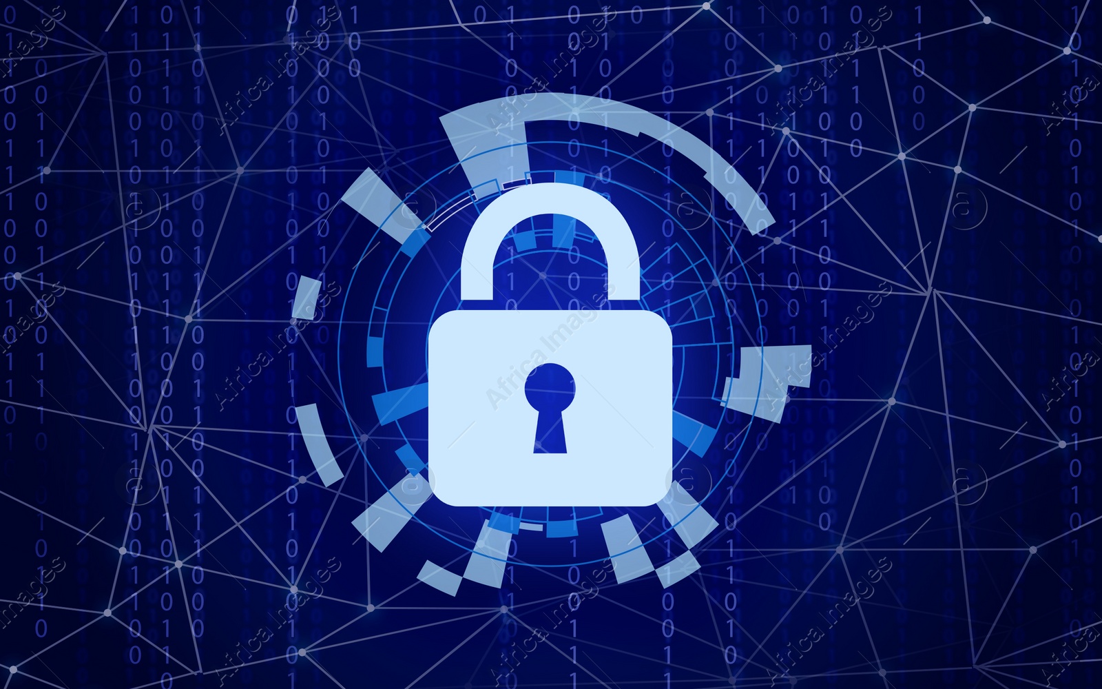 Illustration of Padlock illustration as symbol of cyber security on blue background with binary code