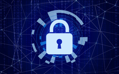 Padlock illustration as symbol of cyber security on blue background with binary code