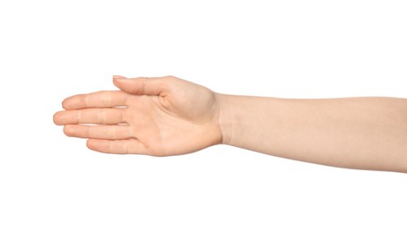 Photo of Woman showing hand on white background, closeup