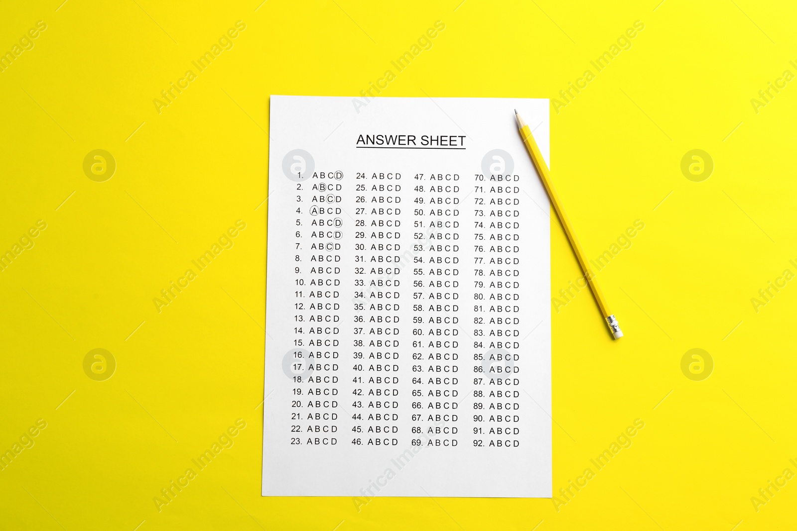 Photo of Answer sheet with pencil on color background, top view