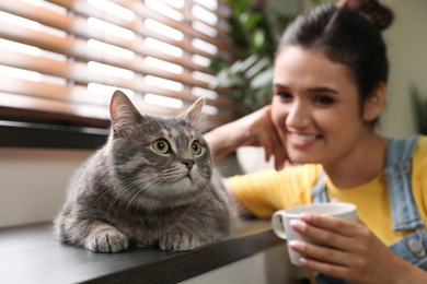 Photo of Young woman with cute cat at home. Pet and owner