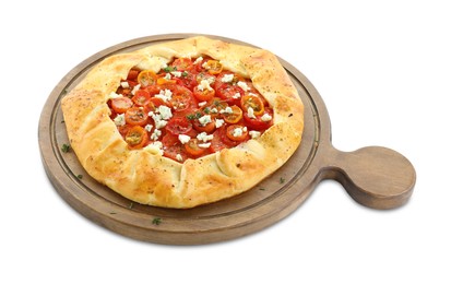 Photo of Tasty galette with tomato, thyme and cheese (Caprese galette) isolated on white