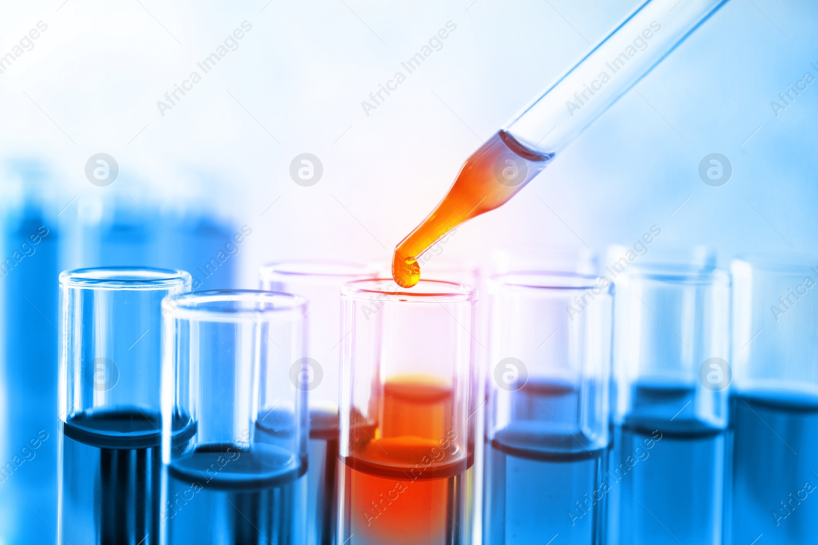 Image of Dripping sample into test tube with liquid, closeup. Laboratory analysis