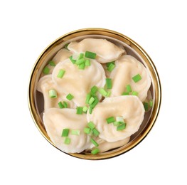 Photo of Cooked dumplings (varenyky) with tasty filling and green onion on white background, top view