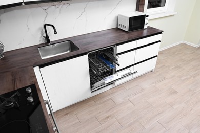 Built-in dishwasher with open door in kitchen, above view