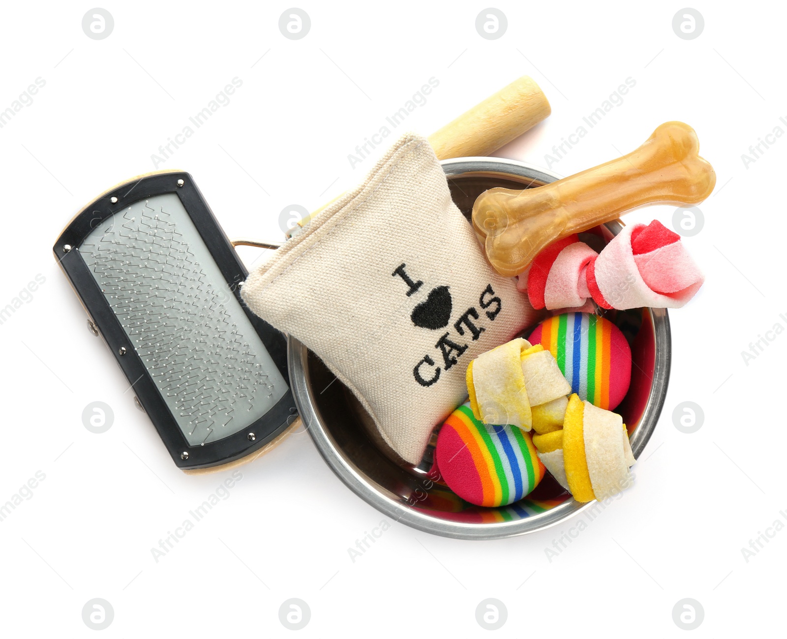 Photo of Toys, accessories for cat and dog on white background. Pet care