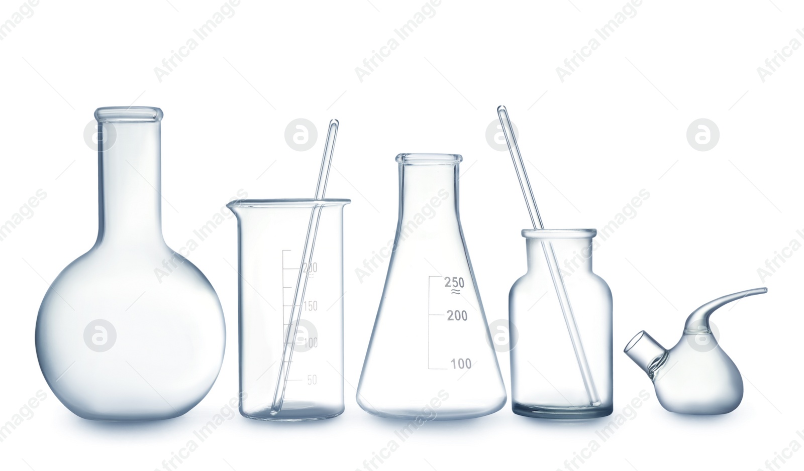 Photo of Empty clean laboratory glassware on white background