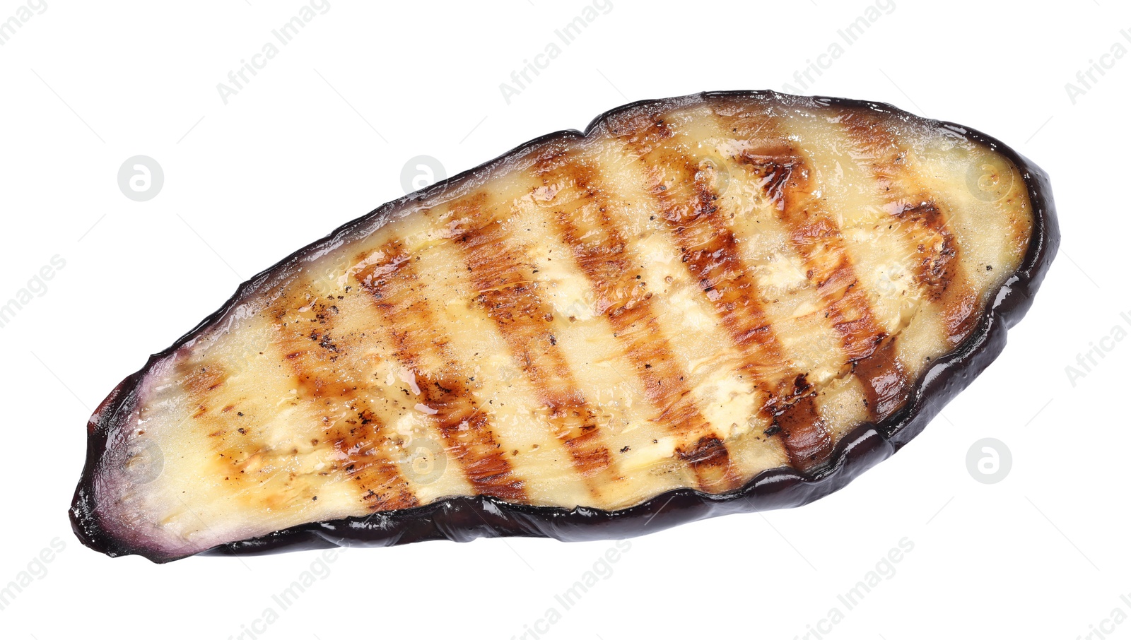 Photo of One slice of tasty grilled eggplant isolated on white