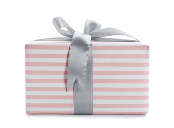 Elegant gift box with bow on white background