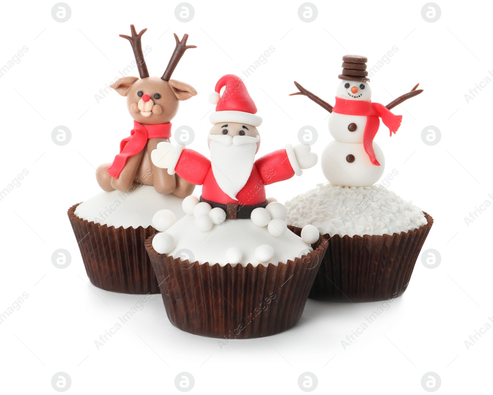 Photo of Beautiful Christmas cupcakes with Santa Claus, snowman and reindeer on white background