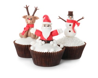 Photo of Beautiful Christmas cupcakes with Santa Claus, snowman and reindeer on white background