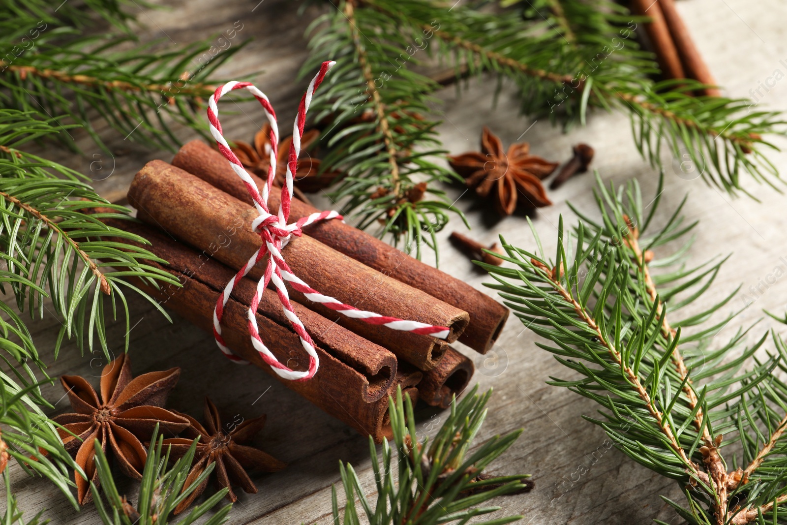 Photo of Different spices and fir branches on wooden table, closeup