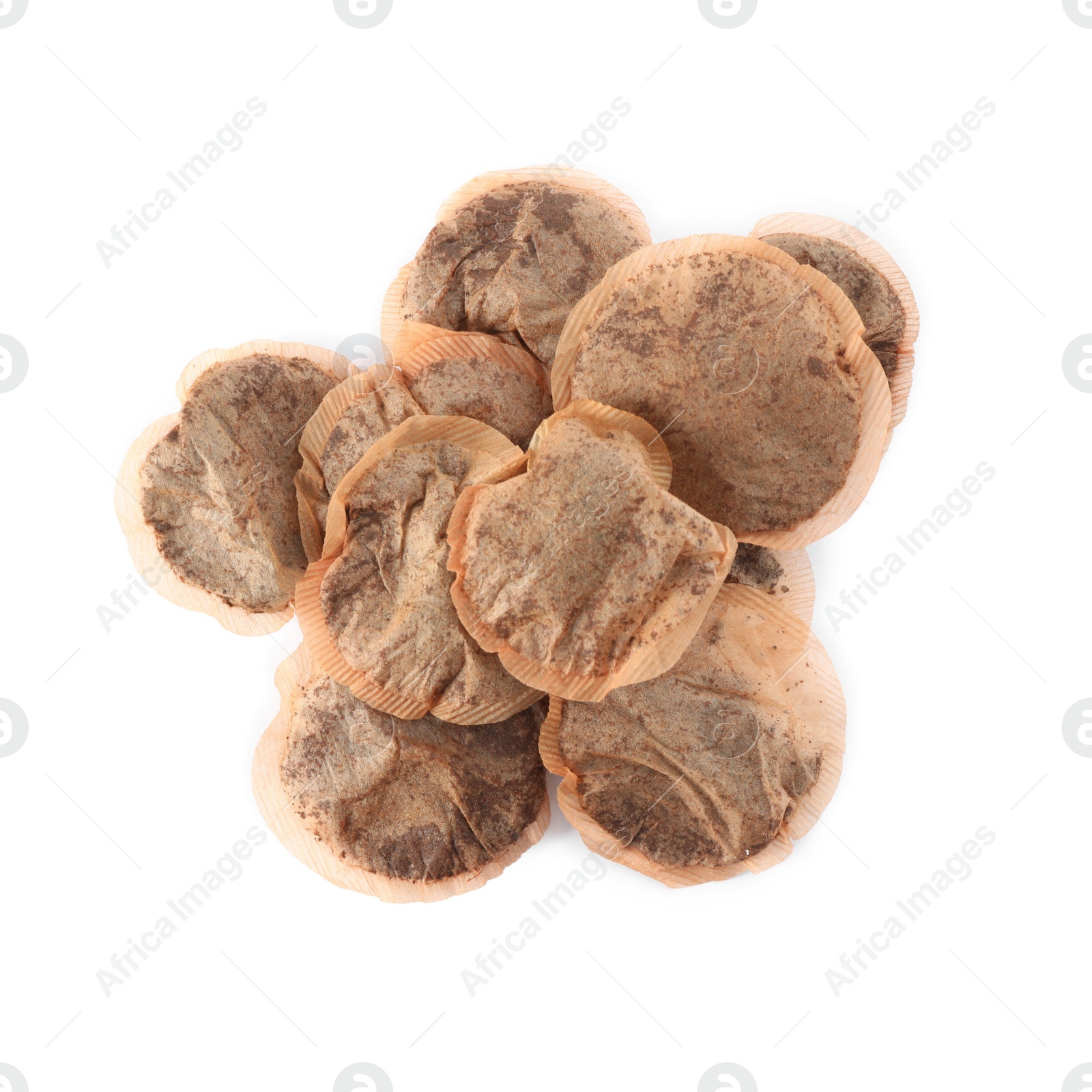 Photo of Used tea bags on white background, top view