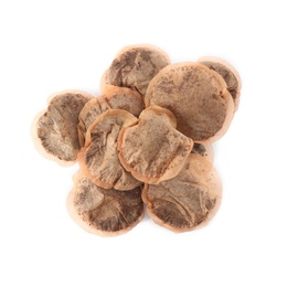 Photo of Used tea bags on white background, top view