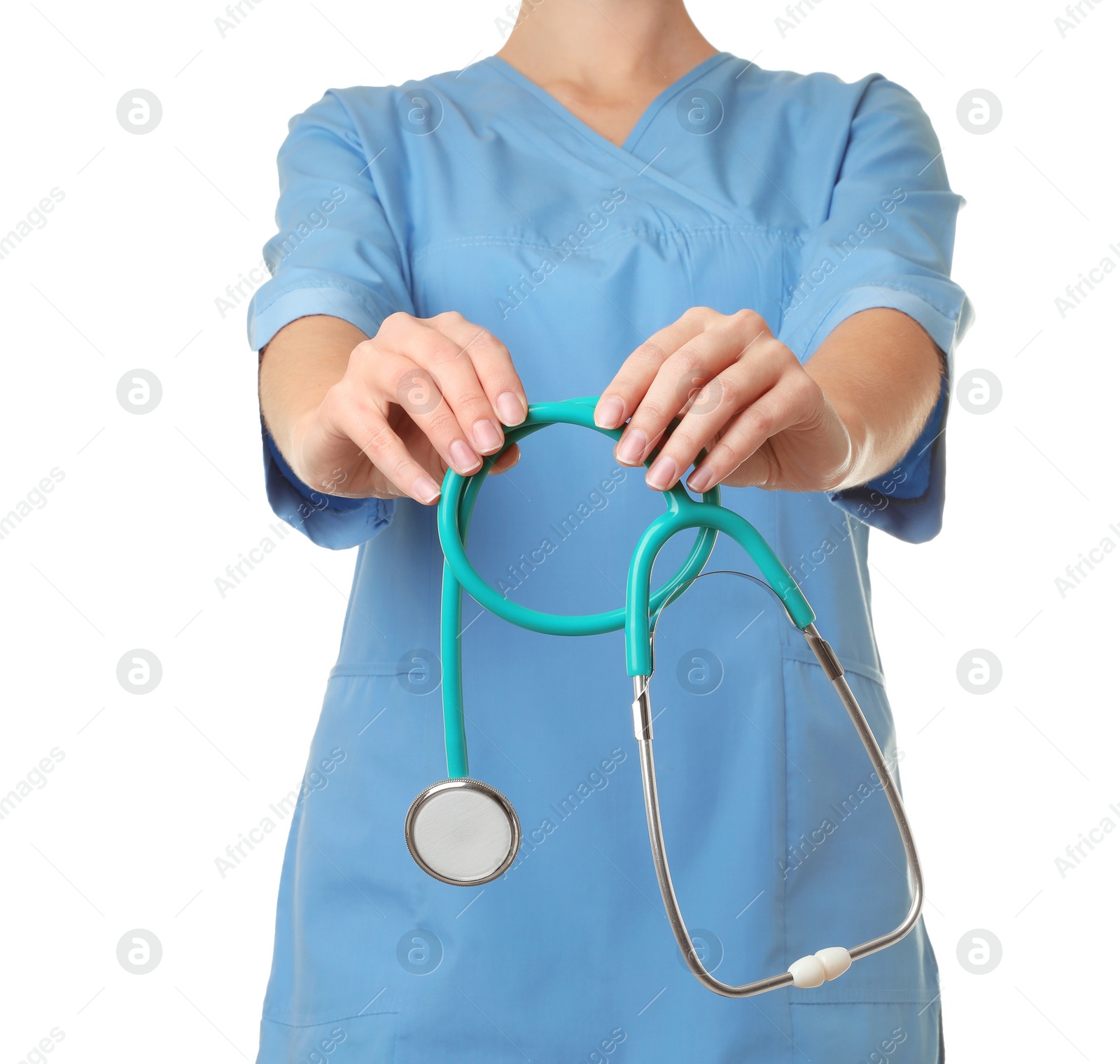 Photo of Female doctor with stethoscope on white background, closeup. Medical object