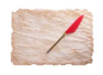Photo of Feather pen and parchment on white background, top view