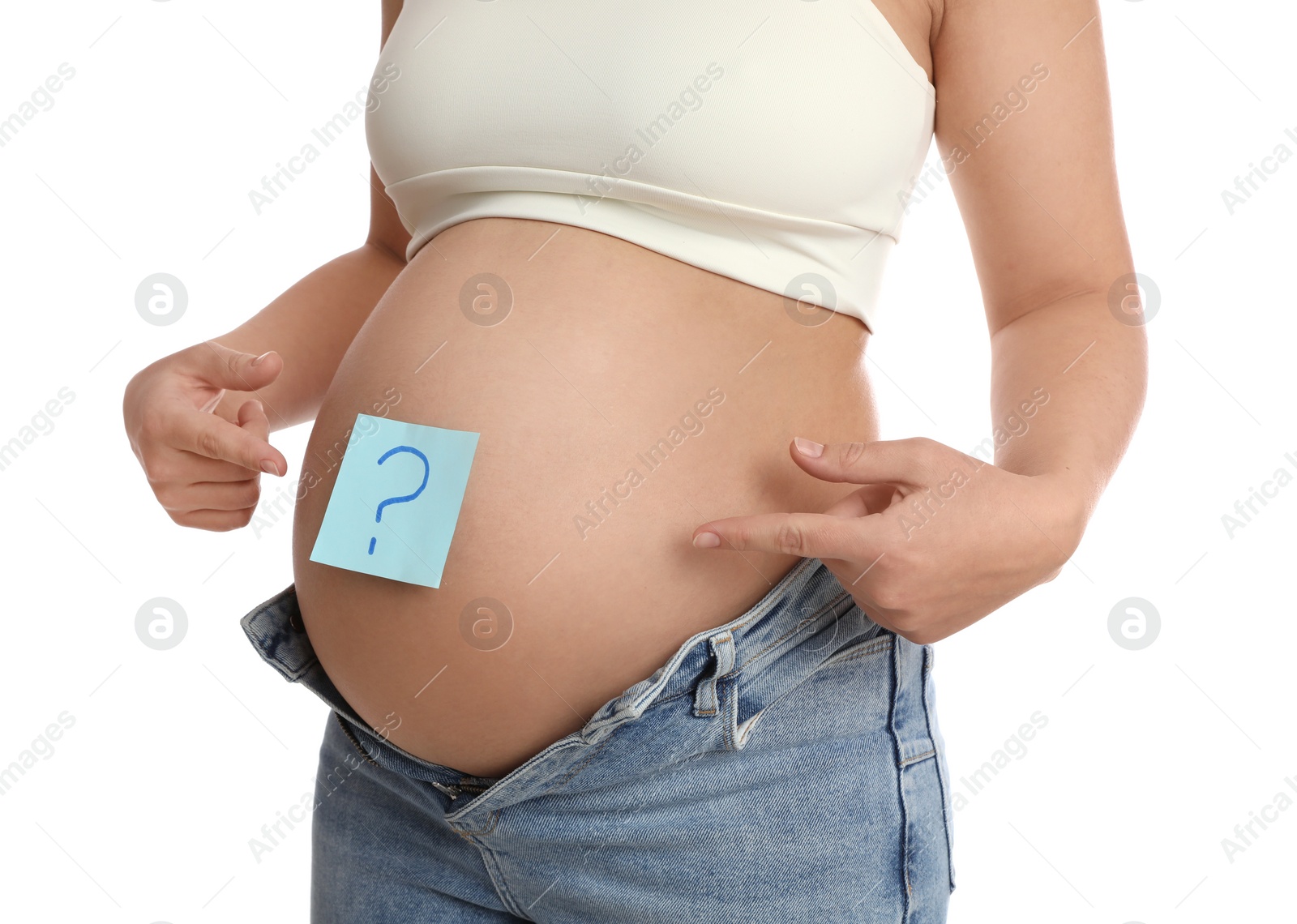 Photo of Pregnant woman with sticky note on belly against white background, closeup. Choosing baby name