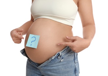Photo of Pregnant woman with sticky note on belly against white background, closeup. Choosing baby name