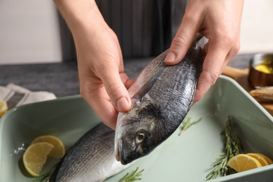 Photo of Woman putting dorada fish into baking dish, closeup