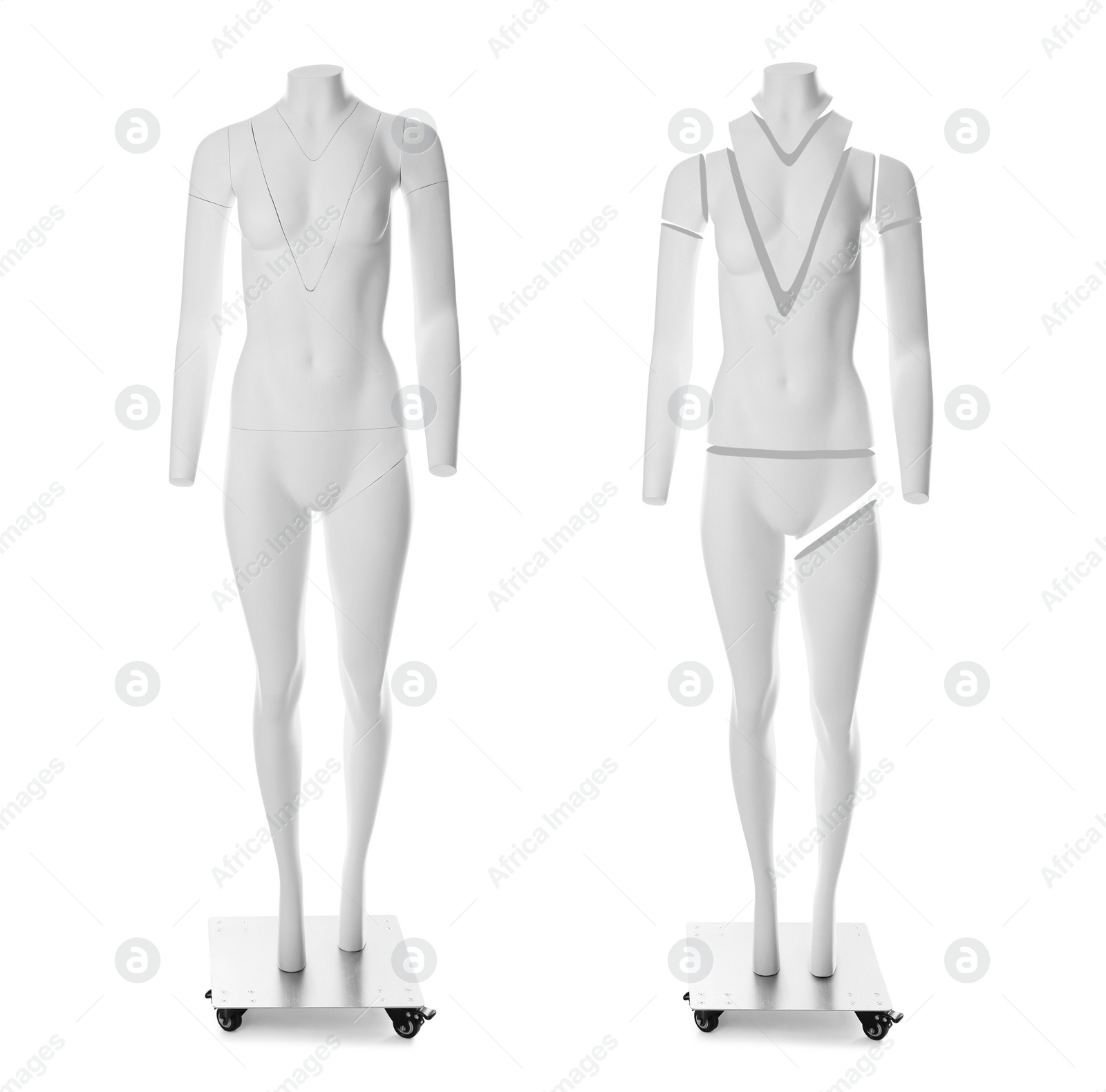 Image of Set of ghost headless mannequins with removable pieces on white background