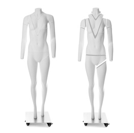 Image of Set of ghost headless mannequins with removable pieces on white background