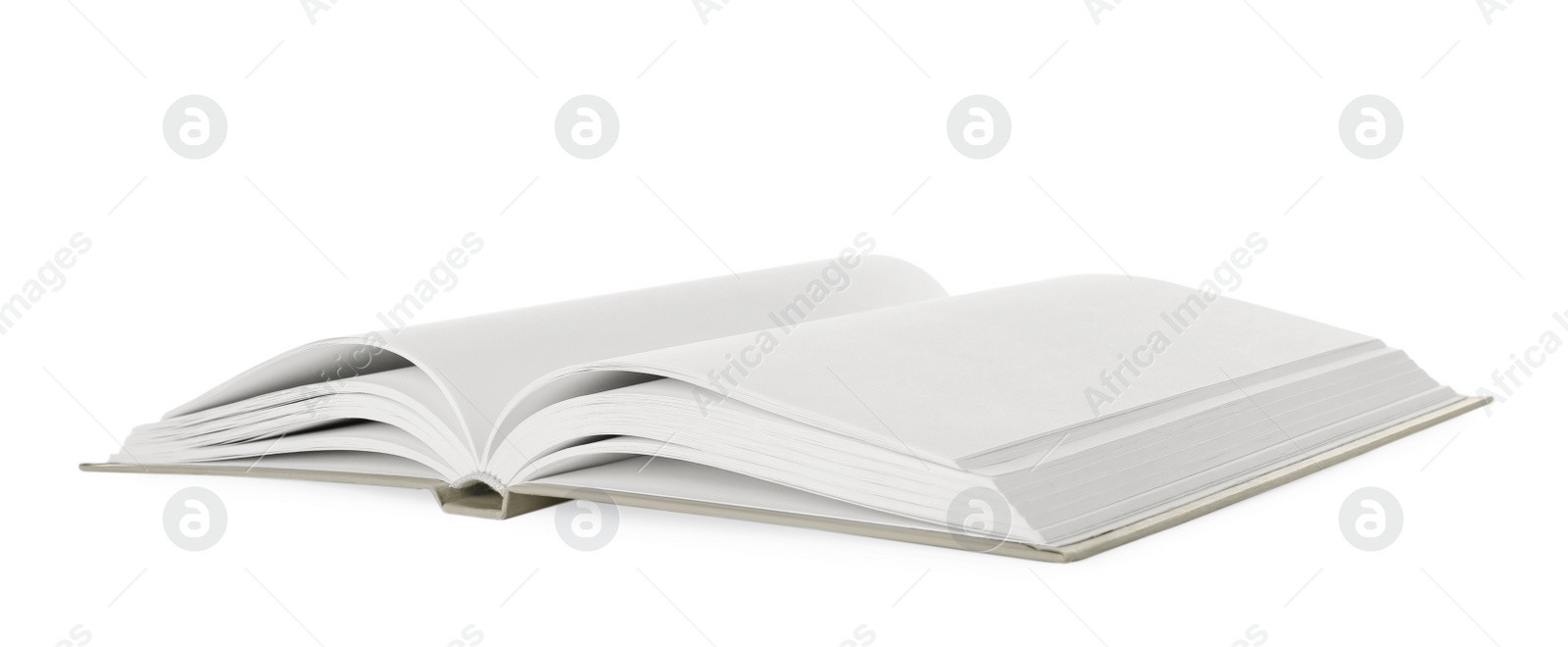 Photo of Open book with hard cover on white background