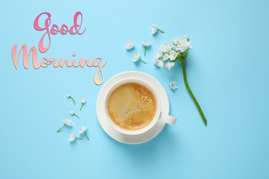 White flowers and coffee on light blue background, flat lay. Good morning