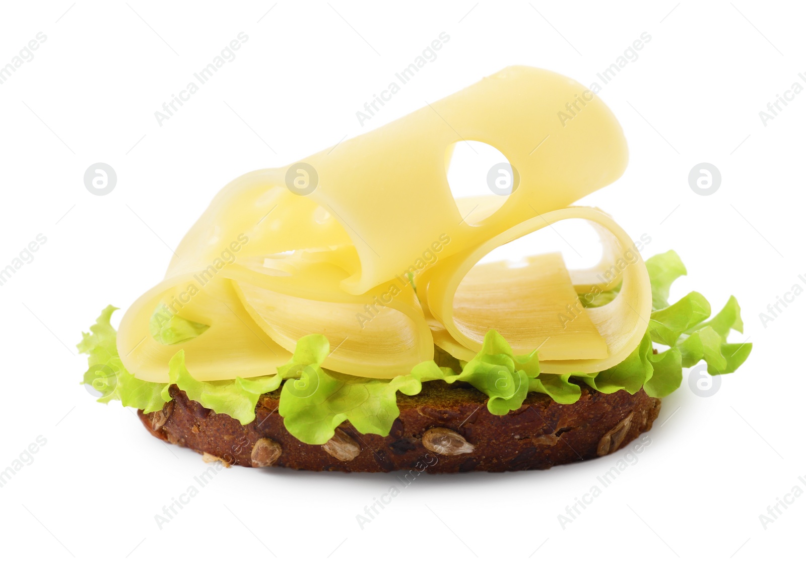 Photo of Tasty sandwich with slices of fresh cheese and lettuce isolated on white