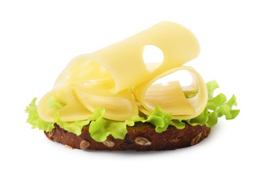 Photo of Tasty sandwich with slices of fresh cheese and lettuce isolated on white