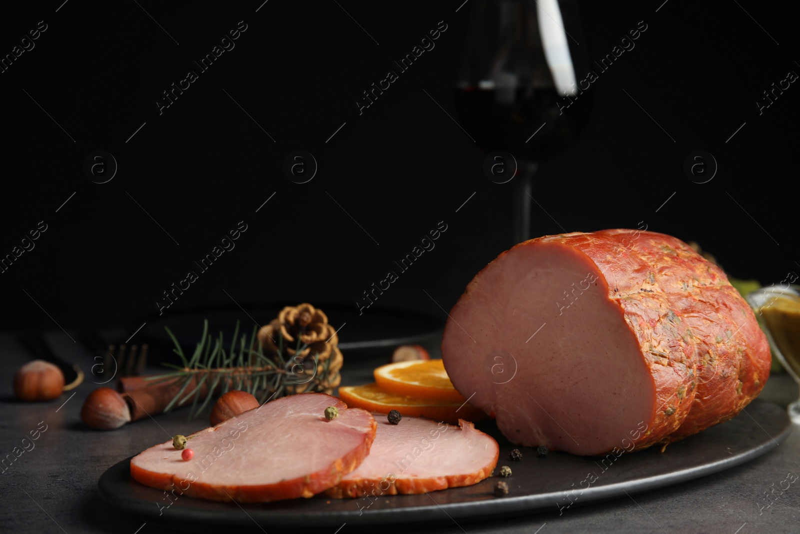 Photo of Delicious ham served on table. Christmas dinner