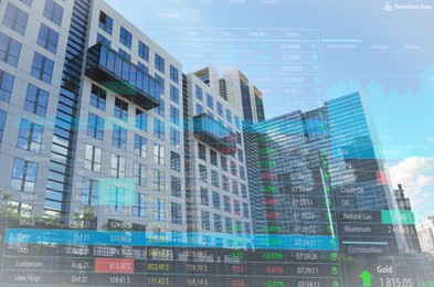 Image of Double exposure of online trading platform and buildings in city center. Stock exchange