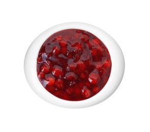 Photo of Fresh cranberry sauce in bowl isolated on white, top view