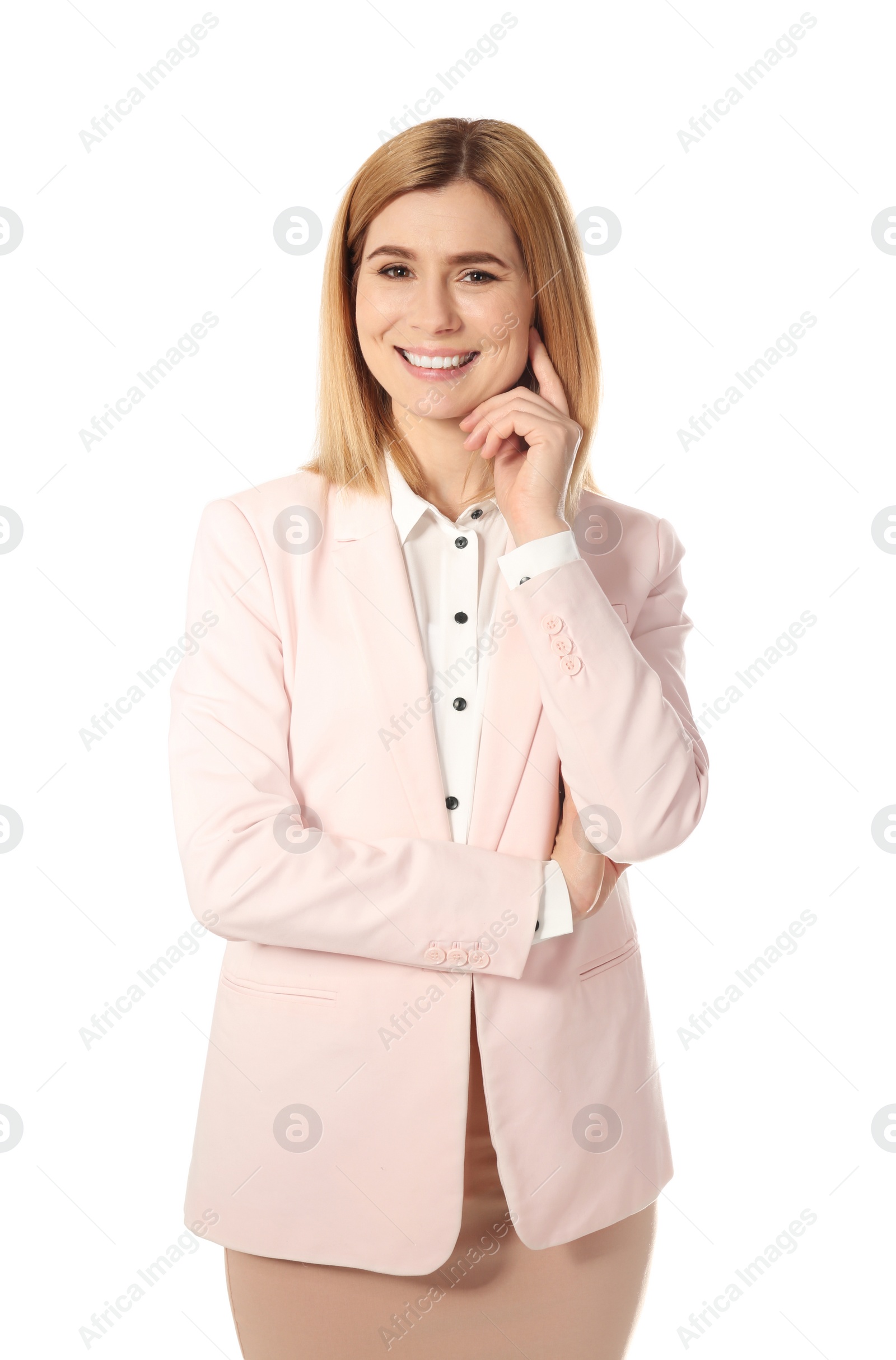 Photo of Portrait of happy successful businesswoman posing on white background