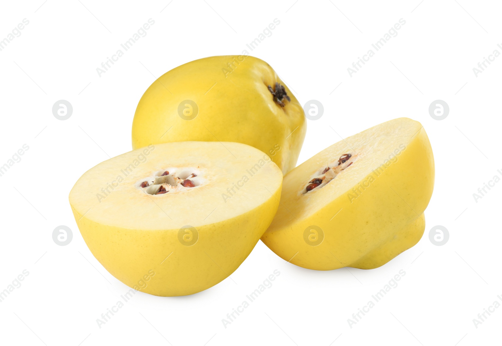 Photo of Ripe whole and cut quinces isolated on white