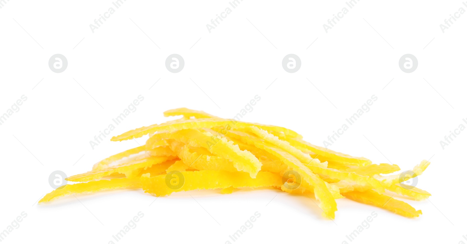 Photo of Fresh grated lemon zest on white background