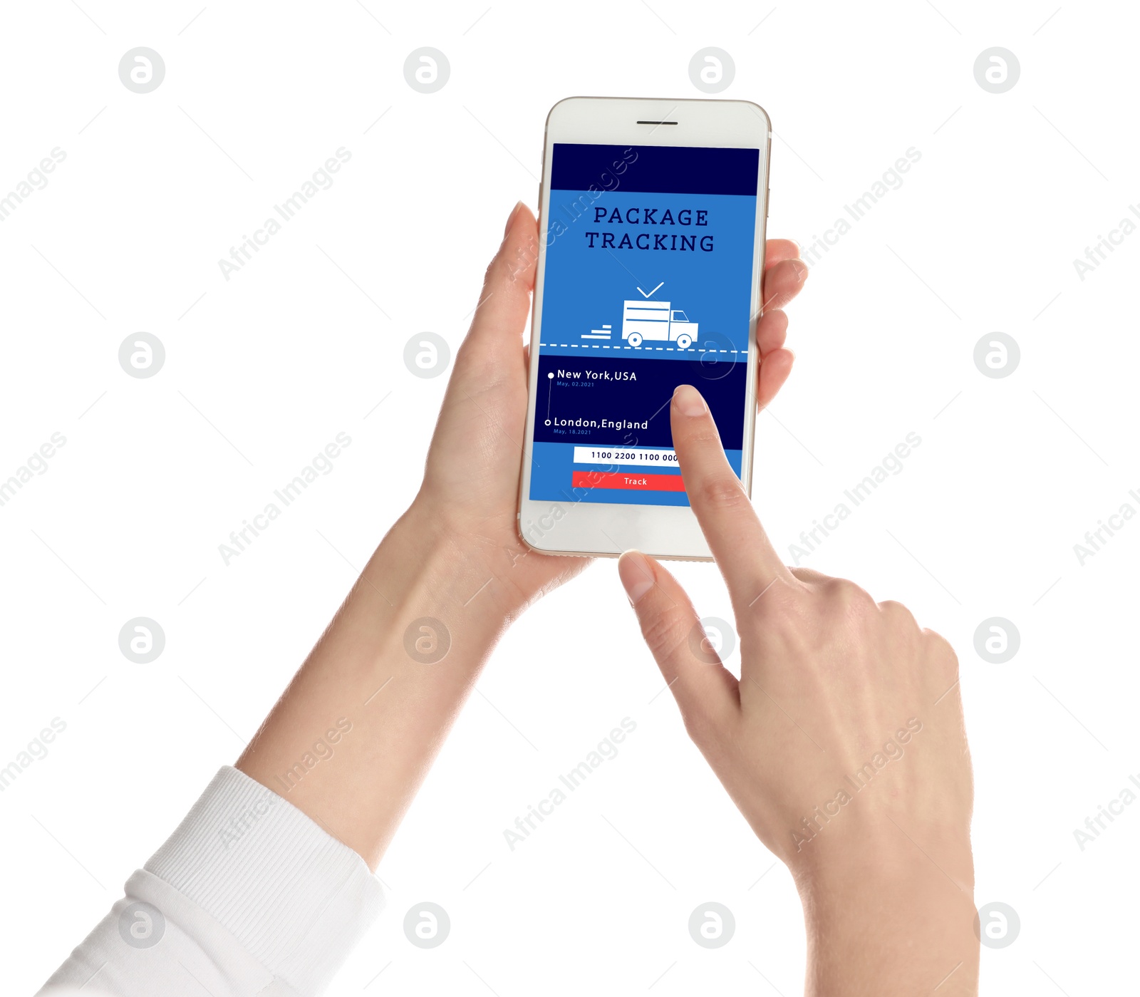 Image of Woman tracking parcel via smartphone on white background, closeup