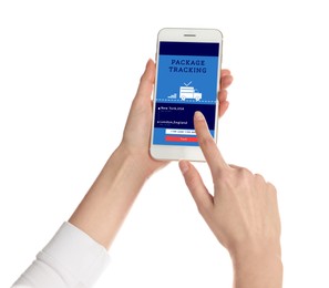 Image of Woman tracking parcel via smartphone on white background, closeup