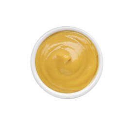 Photo of Bowl with delicious mustard on white background, top view