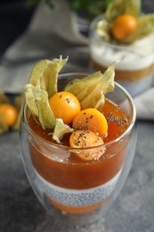 Delicious dessert decorated with physalis on grey table, closeup
